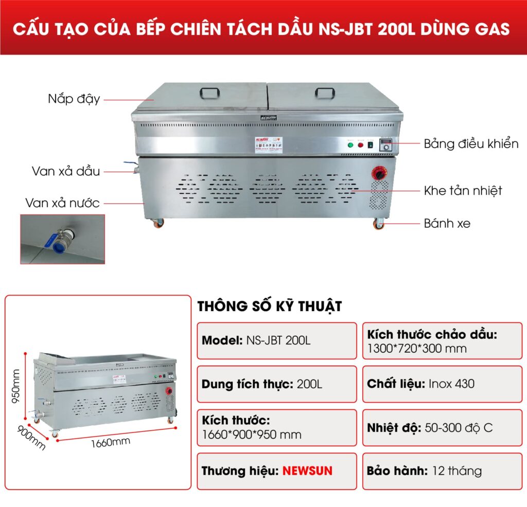 Bếp chiên tách dầu NS-JBT 200L dùng gas Cấu tạo của bếp chiên tách dầu NS-JBT 200L dùng gas