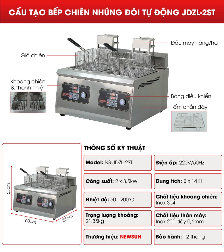 Bếp chiên nhúng đôi tự động JDZL-2ST Cấu tạo Bếp chiên nhúng đôi tự động JDZL-2ST