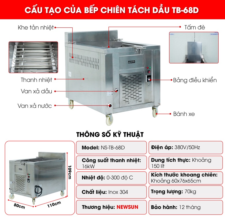 Bếp chiên tách dầu 150 lít TB-68D Cấu tạo Bếp chiên tách dầu 150 lít TB-68D