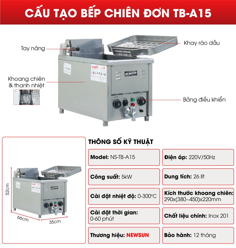 Cấu tạo Bếp chiên đơn TB-A15 26 lít