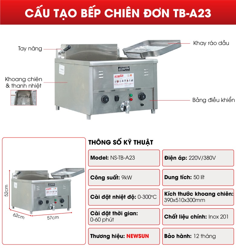 Bếp chiên đơn TB-A23 50 lít Cấu tạo Bếp chiên đơn TB-A23 50 lít