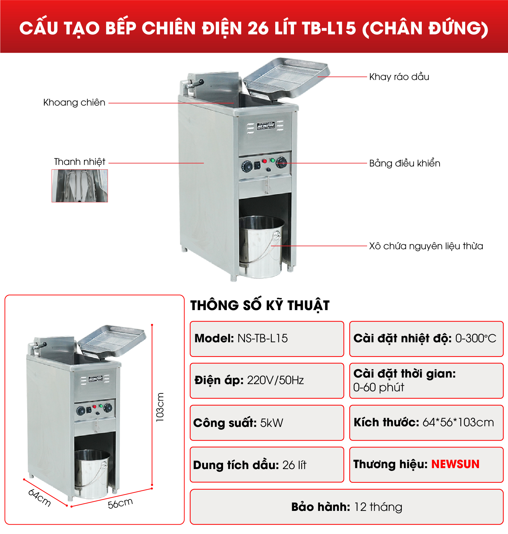 Cấu tạo Bếp chiên điện TB-L15 26 lít